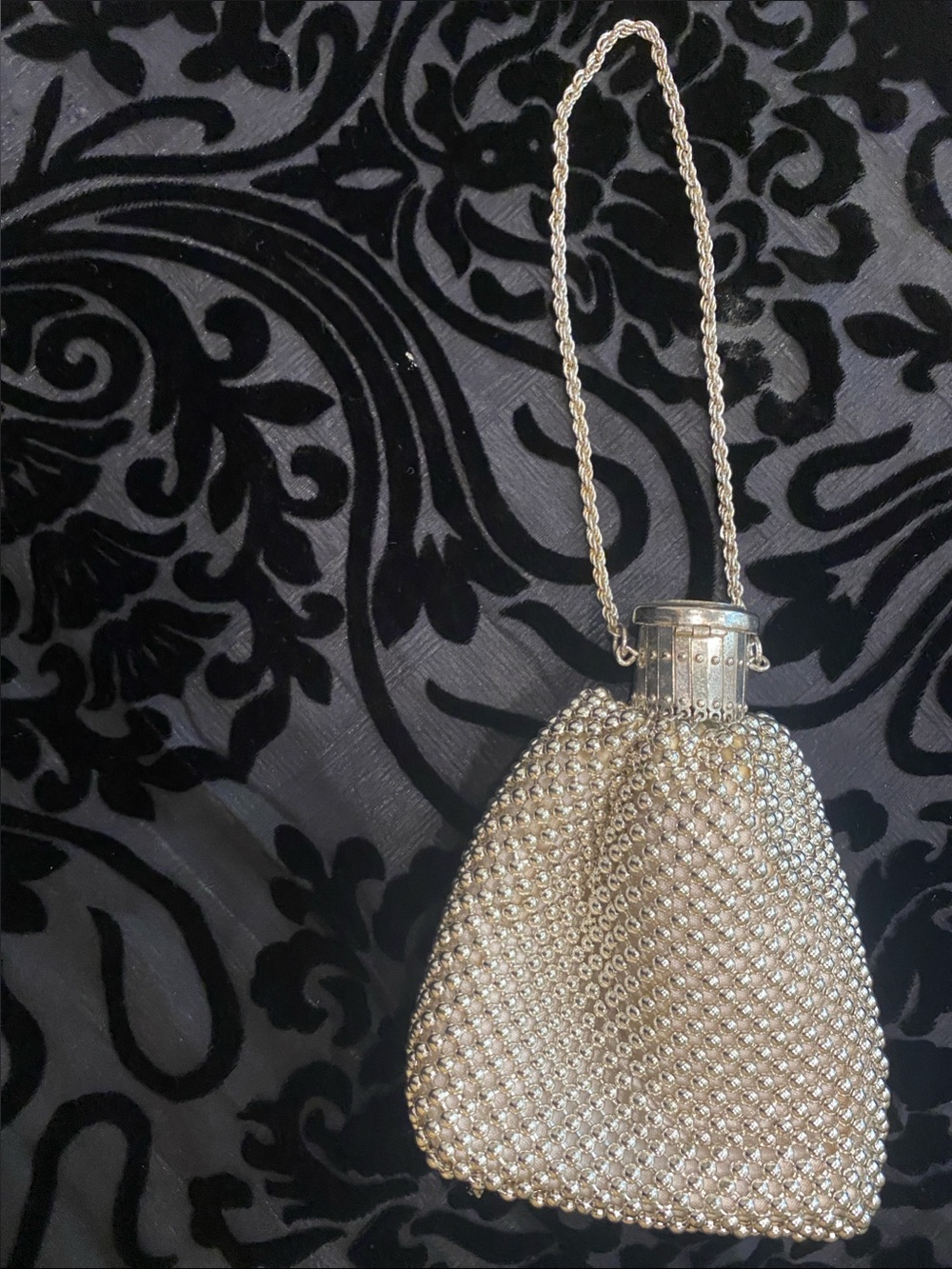 Silver Mesh Beaded Drawstring Wristlet Clutch